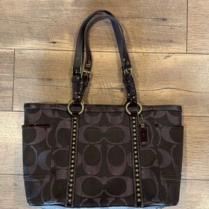 Vintage Coach Gallery Dark Chocolate Bronze Jacquard Signature Studded Tote